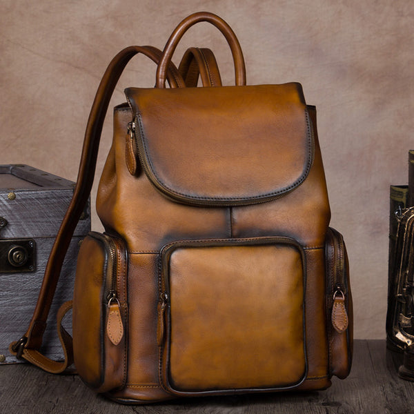 Leather Backpacks Vintage Laptop Backpack School bag Women Brown