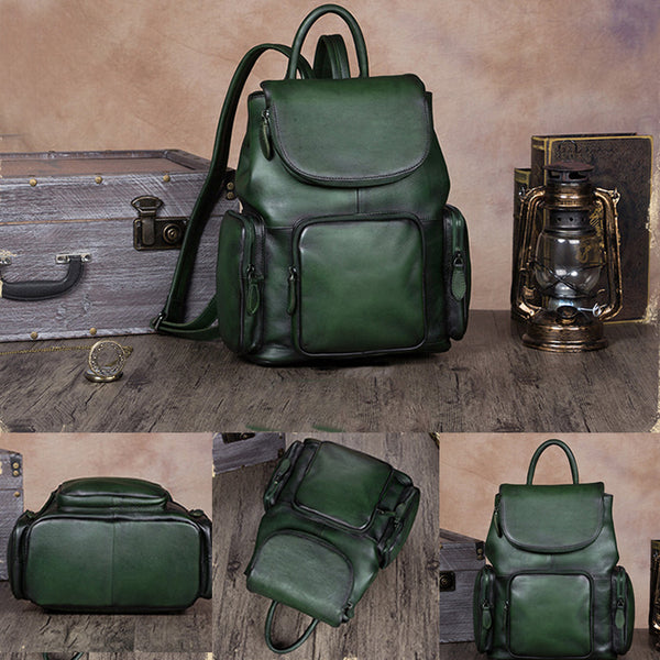 womens small Leather Backpacks School bag for Women green